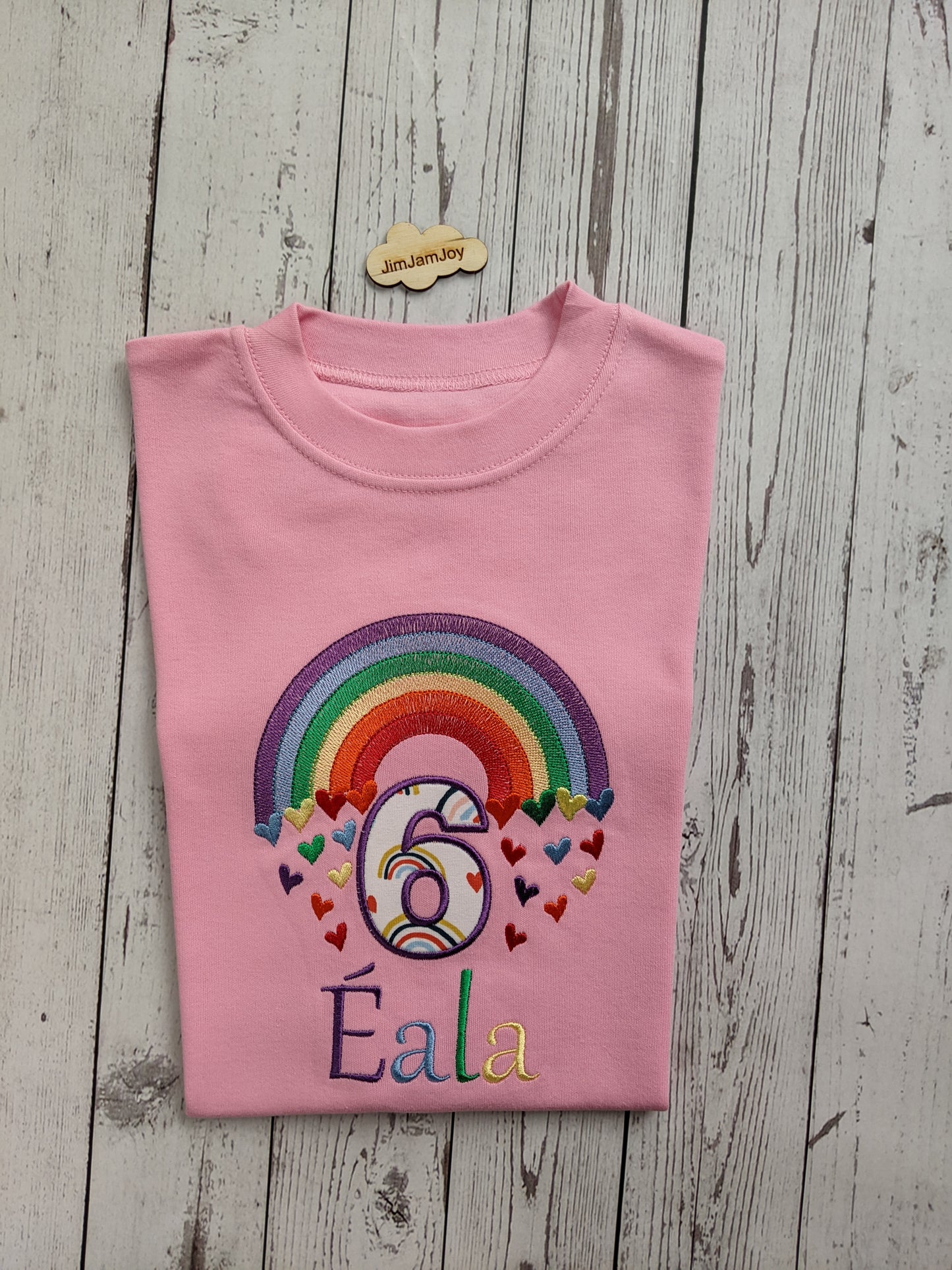 Children personalised birthday tshirt with rainbow and hearts