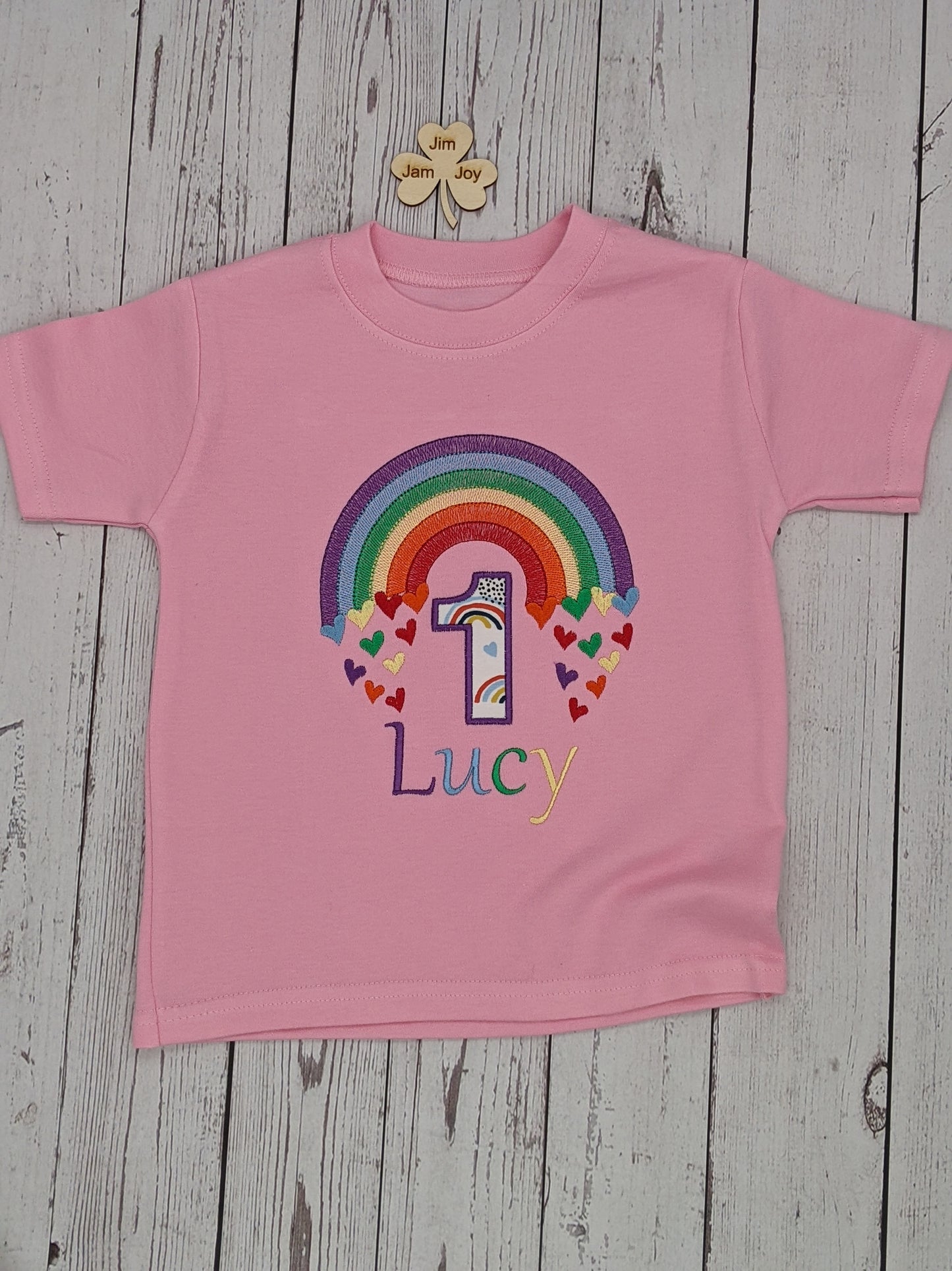 Children Personalised Birthday Tshirt with Rainbow  - Embroidery