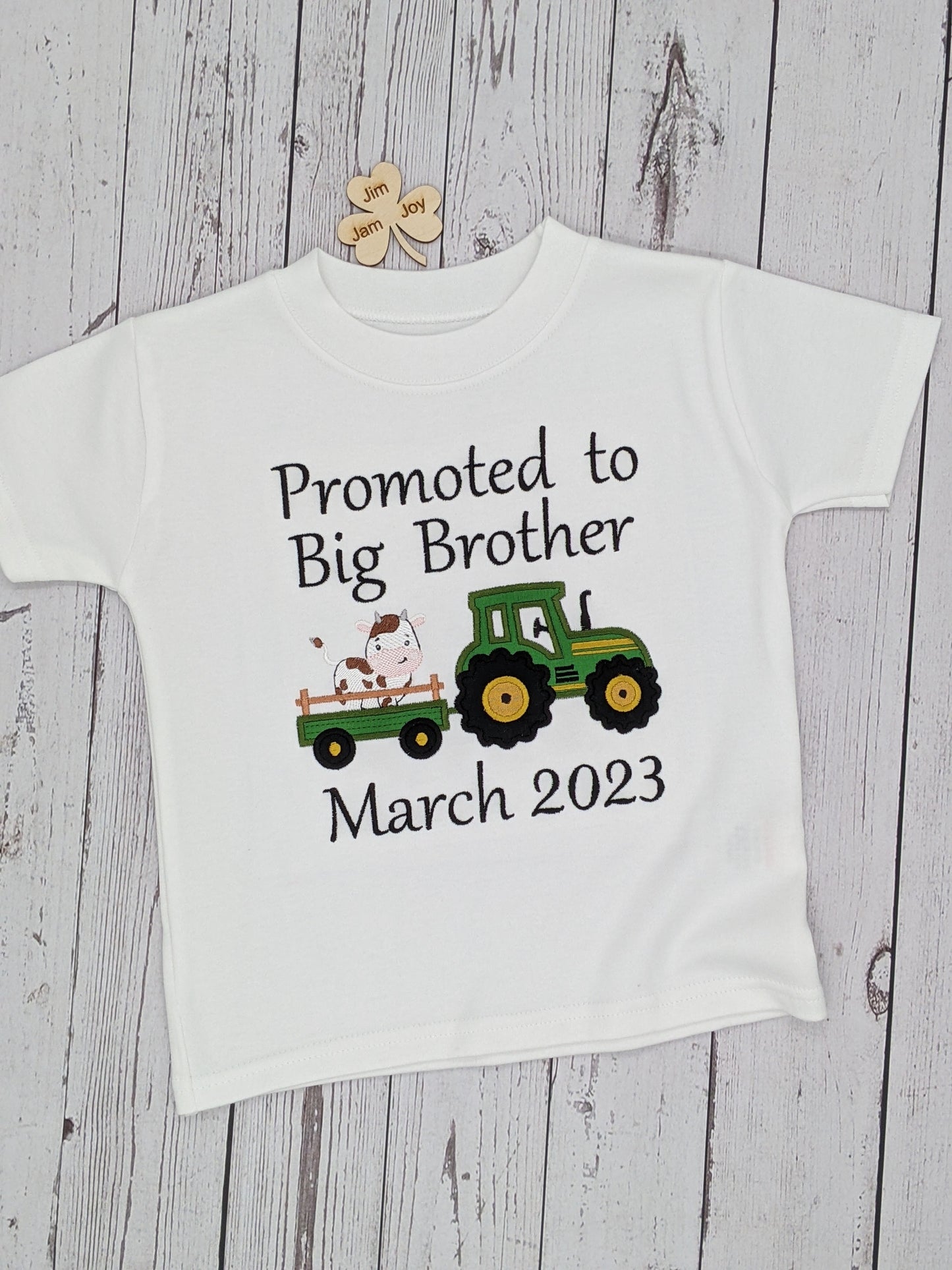 Promoted To Big Brother  Green Tractor Tshirt With a Cow and  Trailer - Siblings Shirt - Embroidery
