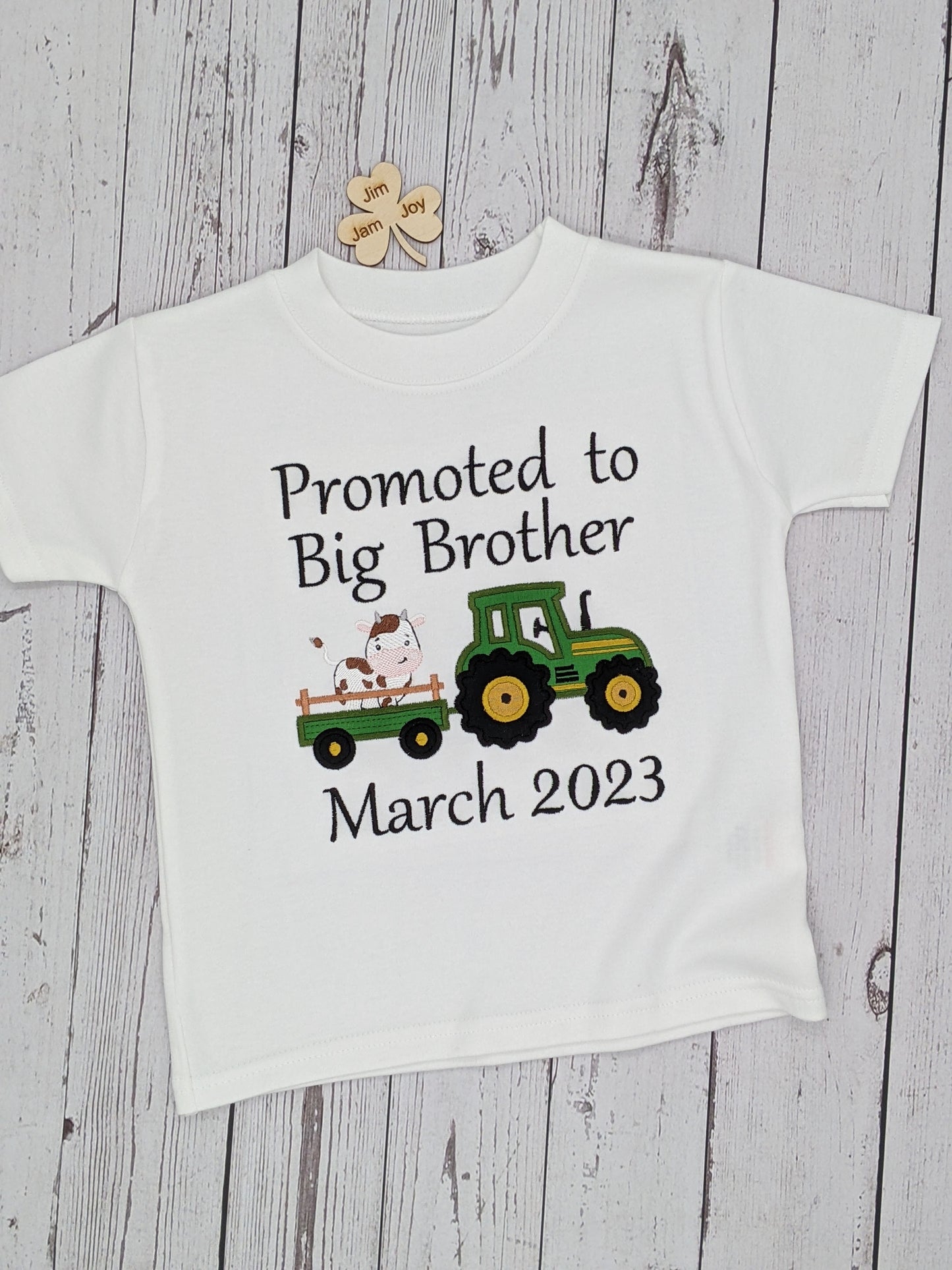 Promoted To Big Brother  Green Tractor Tshirt With a Cow and  Trailer - Siblings Shirt - Embroidery