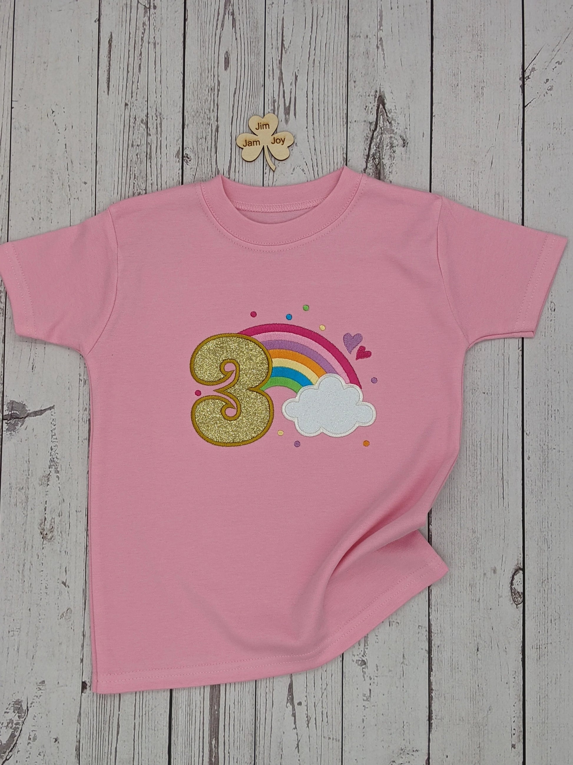 Children personalised birthday tshirt with rainbow and cloud