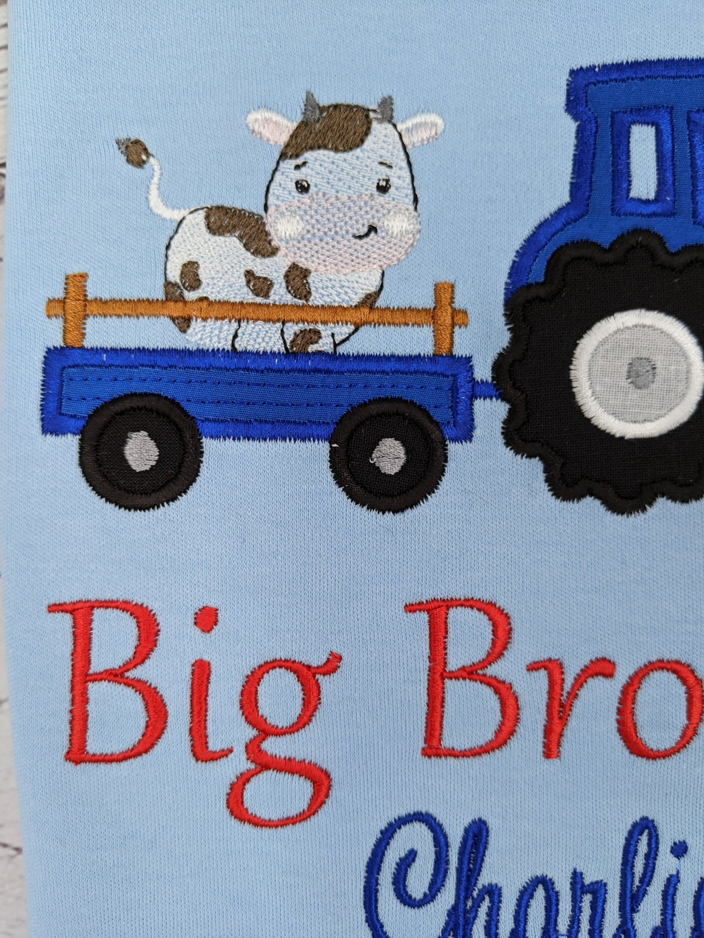 Big Brother  Blue Tractor Tshirt With a Cow and  Trailer - Siblings Shirt - Embroidery