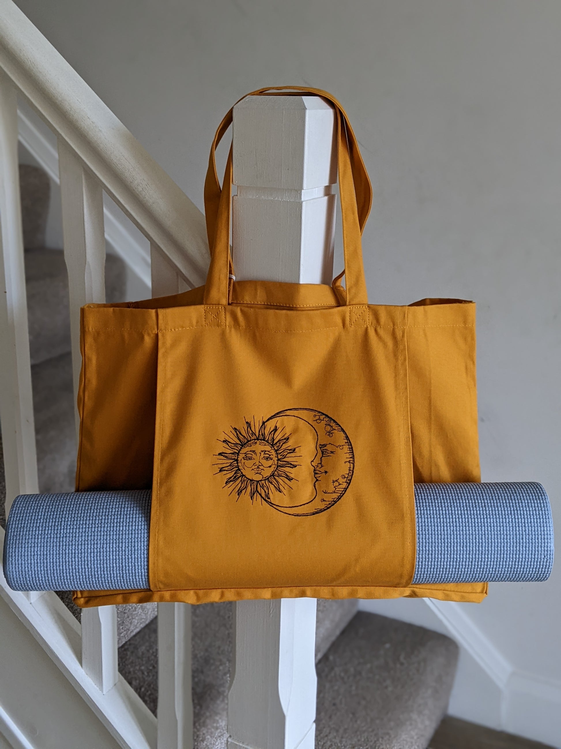 Personalised Yoga Tote Bag Moon and Sun , Yoga Mat Bag, Yoga Mat Pocket,  Pilates Mat Bag, Organic Cotton Tote - Embroidery