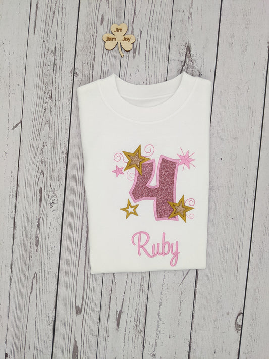 Girls personalise birthday Tshirt with stars jinjamjoy