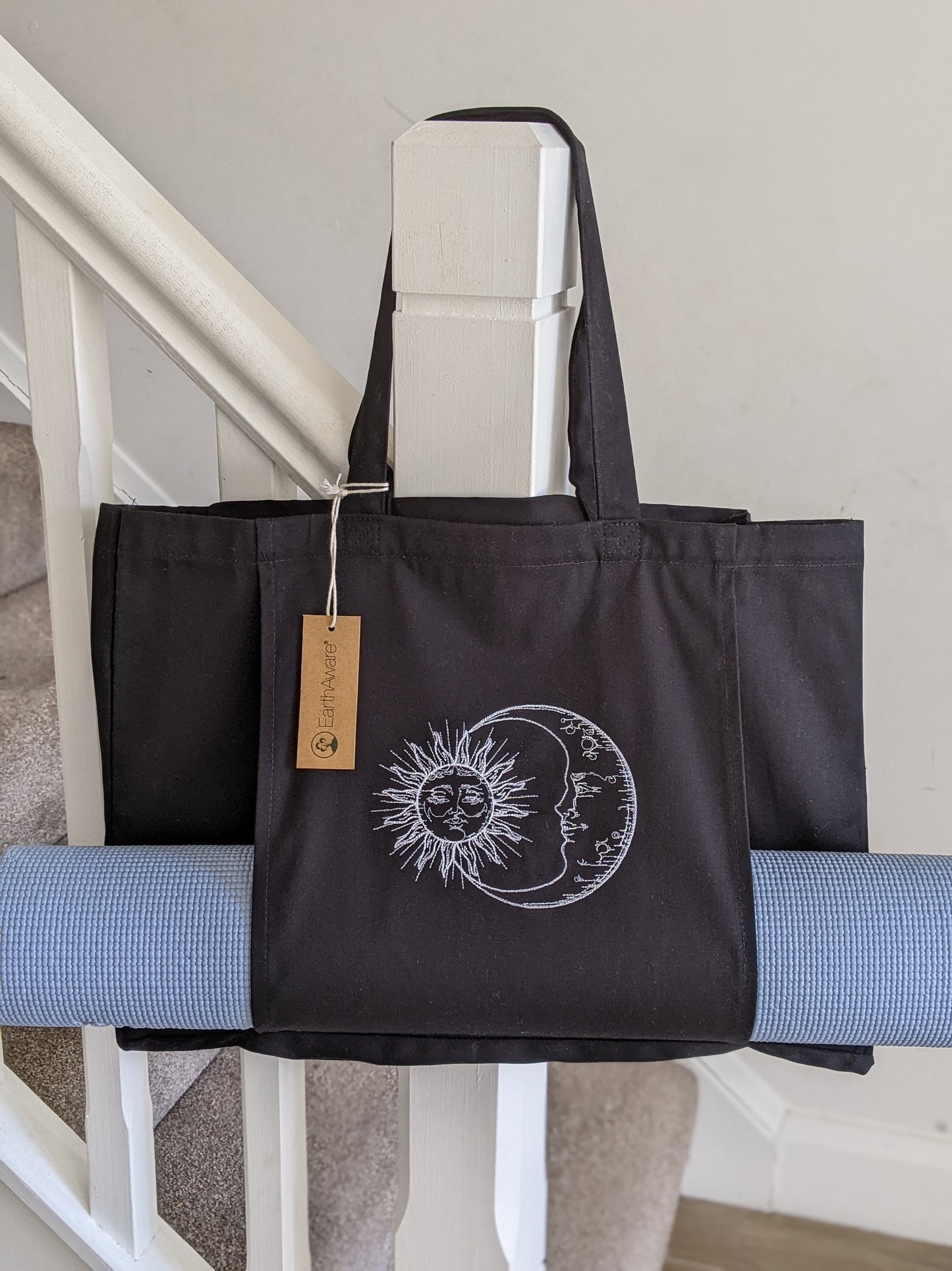 Personalised Yoga Tote Bag Moon and Sun , Yoga Mat Bag, Yoga Mat Pocket, Pilates Mat Bag, Organic Cotton Tote - Embroidery