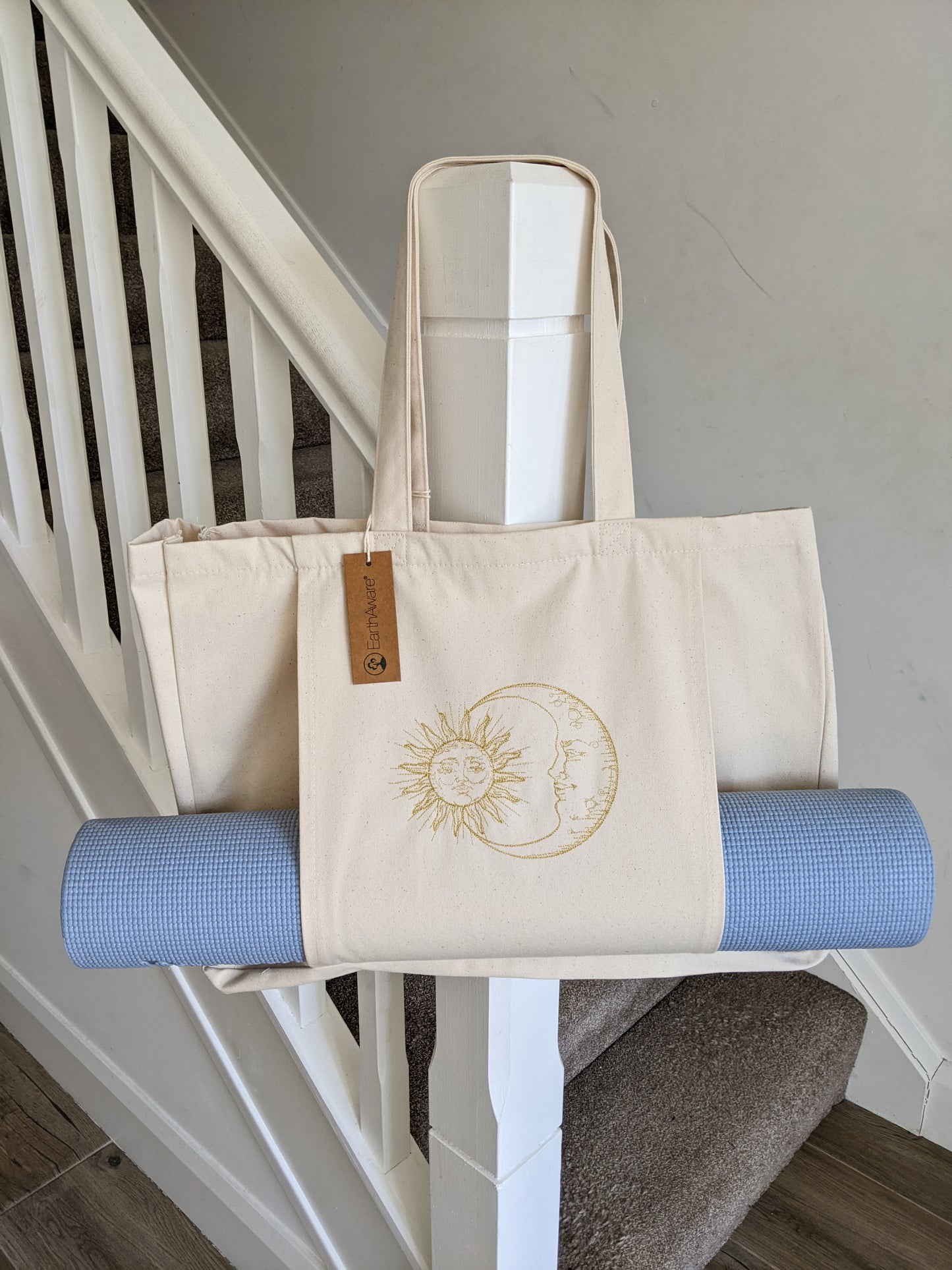 Personalised Yoga Tote Bag Moon and Sun , Yoga Mat Bag, Yoga Mat Pocket, Pilates Mat Bag, Organic Cotton Tote - Embroidery