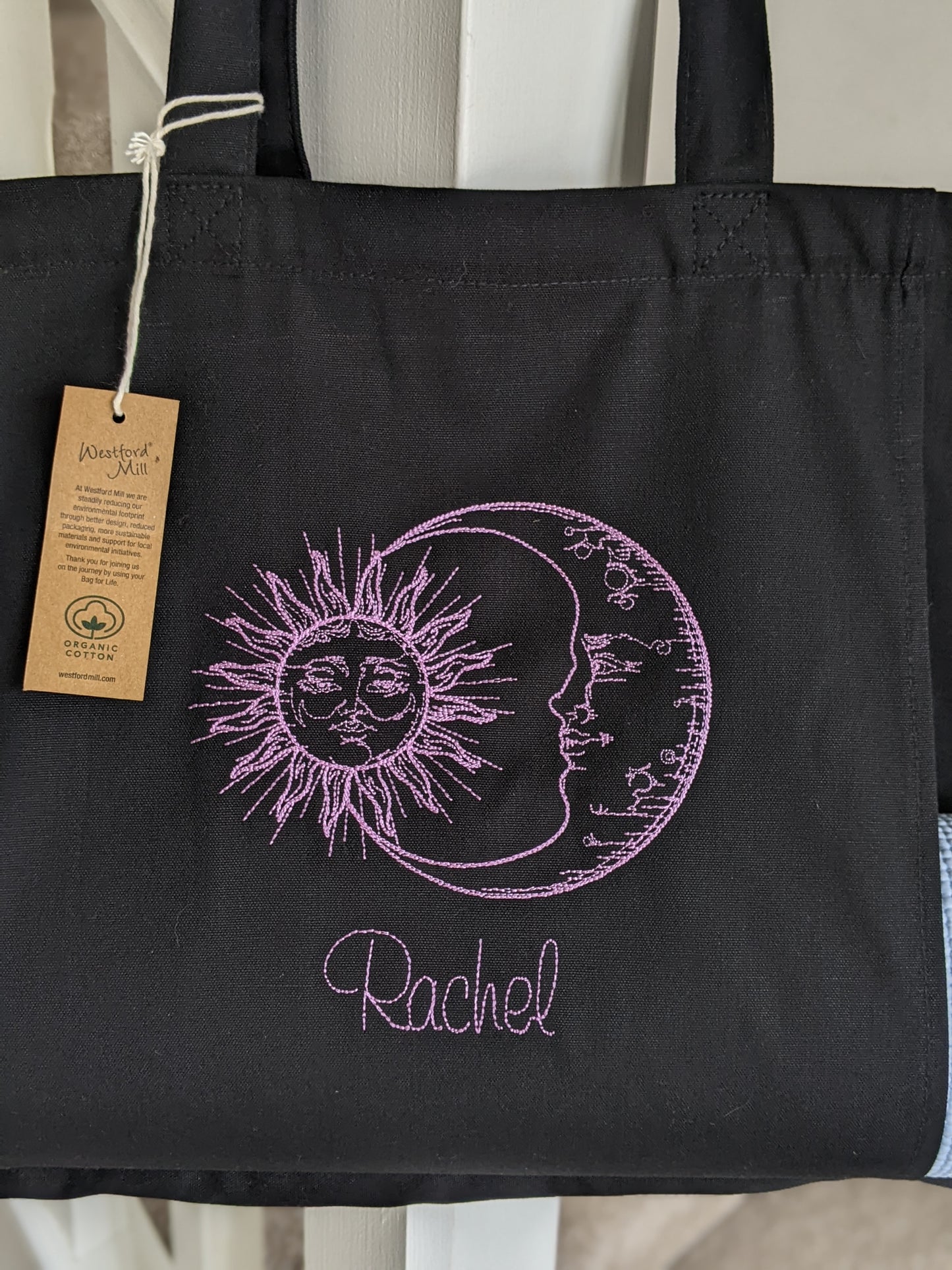 Personalised Yoga Tote Bag Moon and Sun , Yoga Mat Bag, Yoga Mat Pocket, Pilates Mat Bag, Organic Cotton Tote - Embroidery